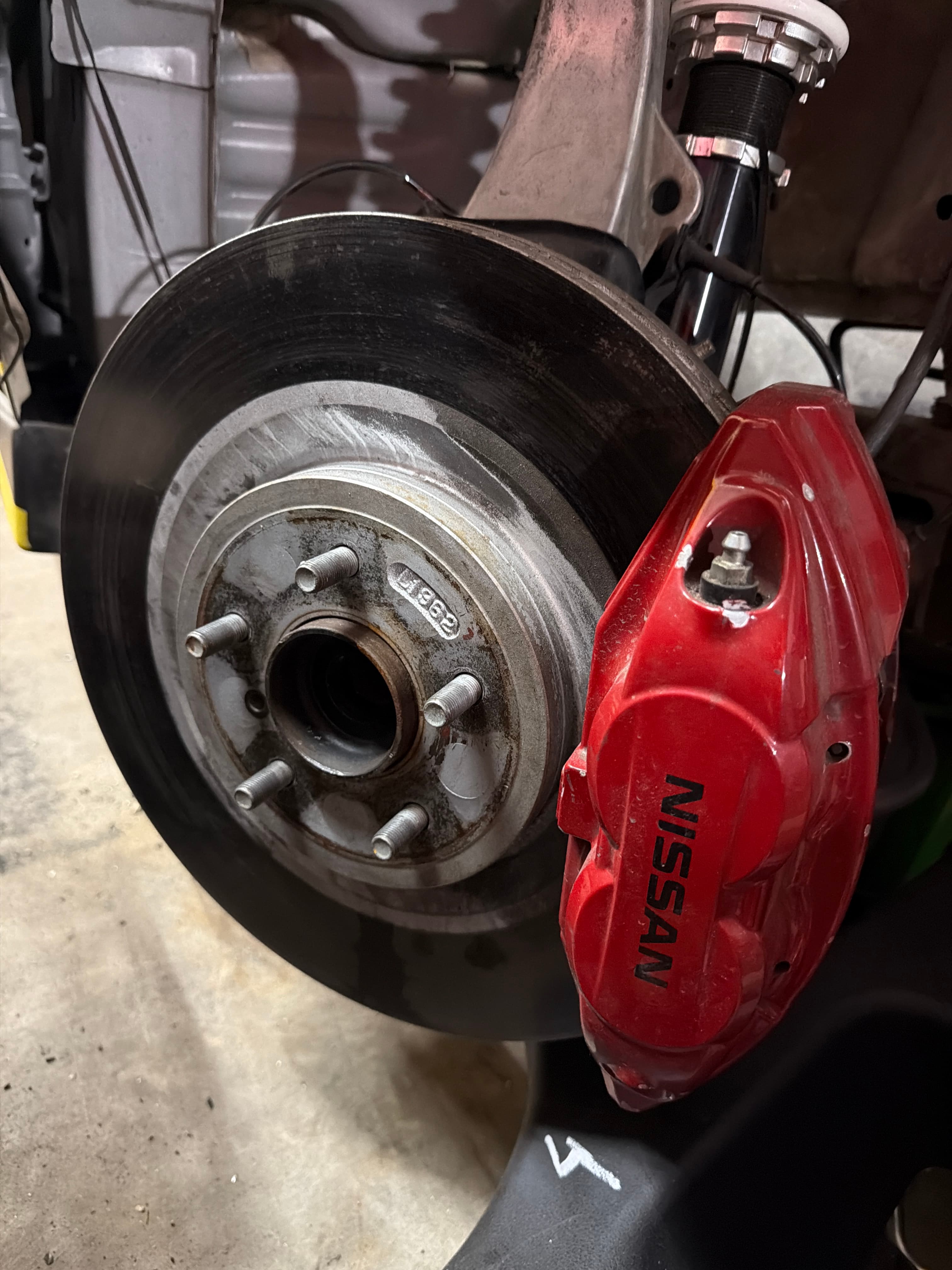 Nissan Z32 4-pot front calipers (red) + rotors — S13/S14 big brake swap — photo 1 of 1
