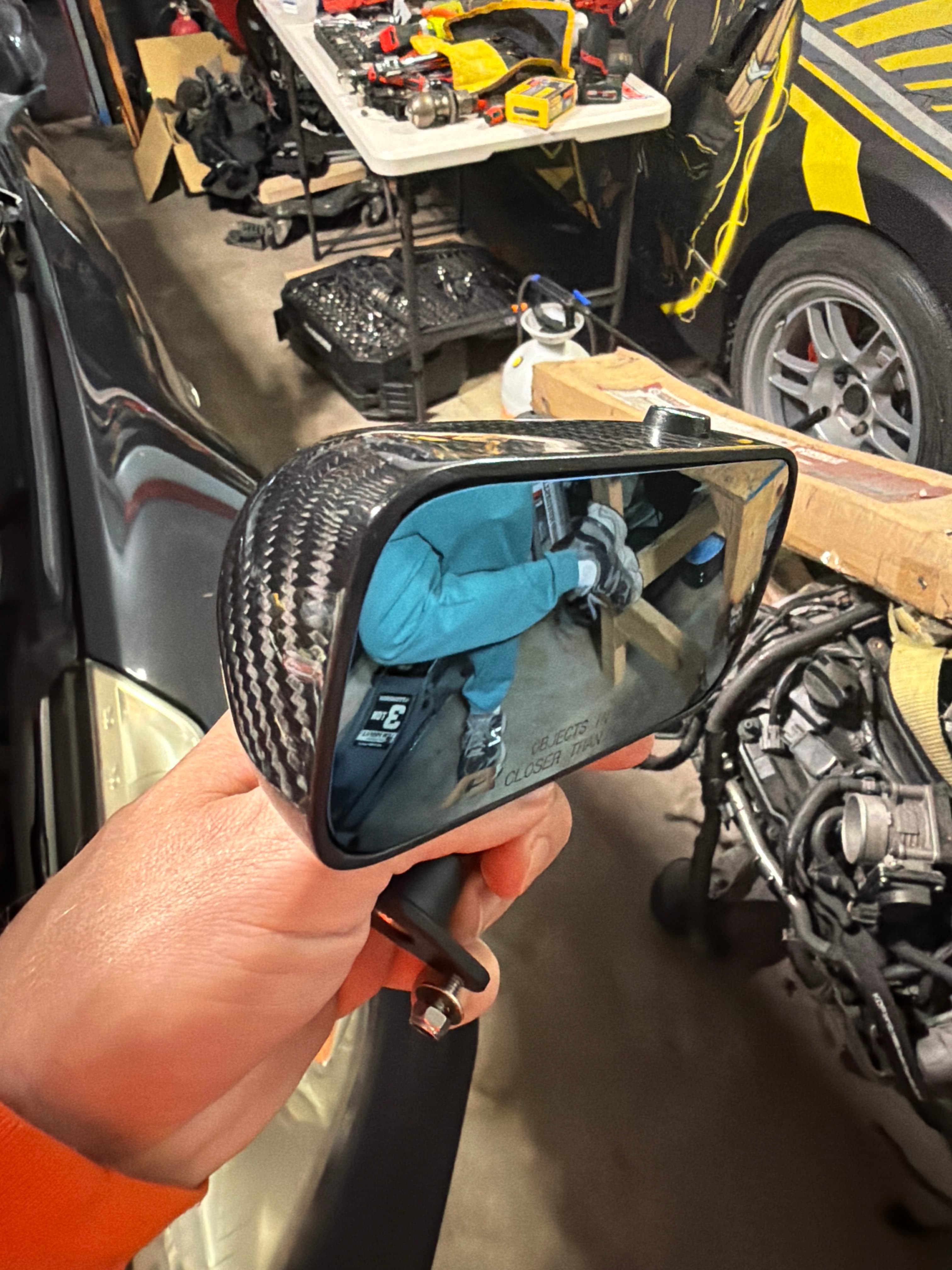 Carbon fiber door mirror — drift-style flat glass, passenger side, universal stalk mount — photo 1 of 1